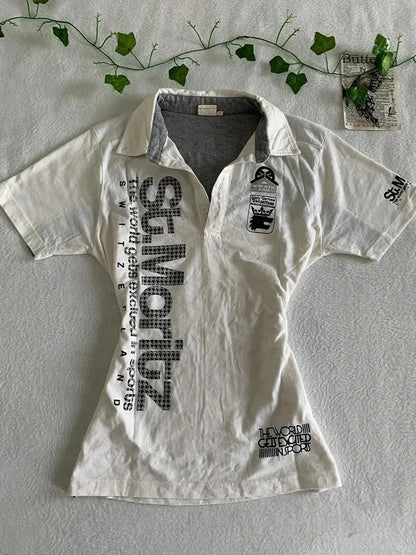 Y2K Japanese Streetwear Polo Shirt Women Slim Crop Tee 2025 White Short Sleeve Tops Letter Badge Houndstooth Vintage Harajuku NovaCart