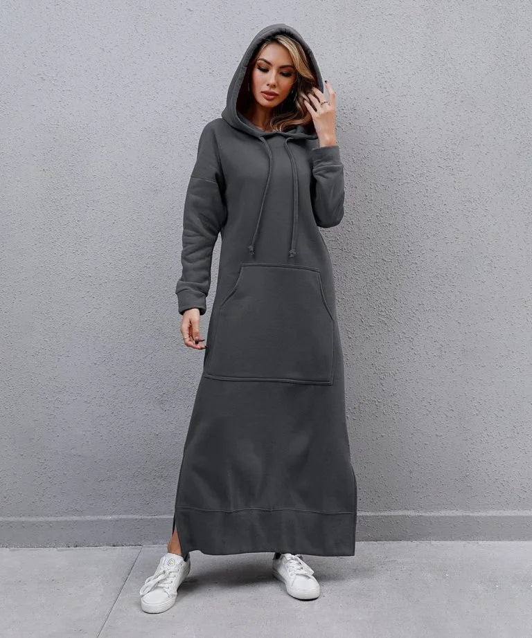 Hoodies Dress For Women Fashion 2025 Hem Lace-up Midi Robe Hooded Long Dress Autumn Winter Warm Casual Loose Sweatshirt Vestidos NovaCart