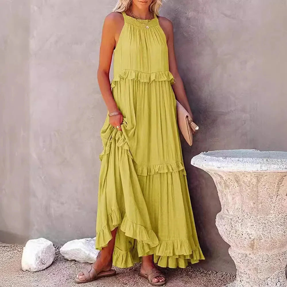 Elegant Apricot Ruffle Maxi Dress FitiqueFit