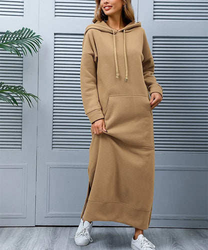 Hoodies Dress For Women Fashion 2025 Hem Lace-up Midi Robe Hooded Long Dress Autumn Winter Warm Casual Loose Sweatshirt Vestidos NovaCart
