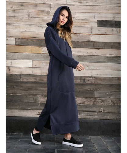 Hoodies Dress For Women Fashion 2025 Hem Lace-up Midi Robe Hooded Long Dress Autumn Winter Warm Casual Loose Sweatshirt Vestidos NovaCart