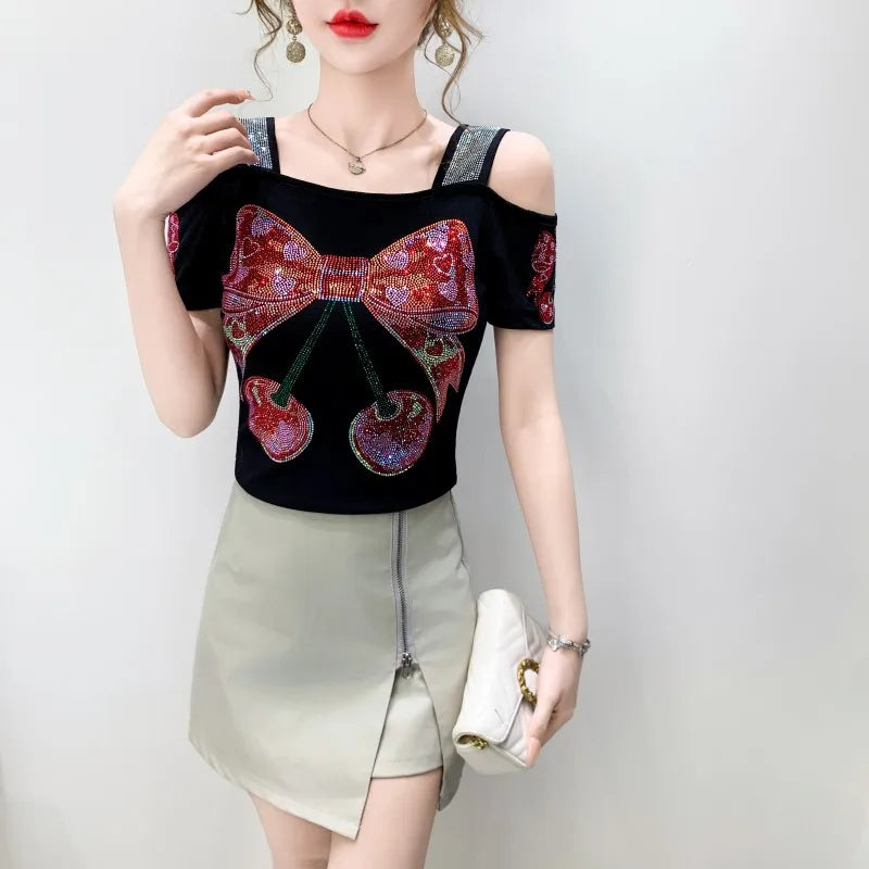 M-3XL Summer European Women's Clothes High Quality T-Shirt Luxury Hot Diamonds Design Slim Tees Sexy Girls Streetwear Tops NovaCart