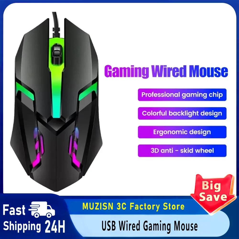 USB LED Colorful Luminous Button Gaming Mouse Wired Mouse For PC Gamer Computer Desktop Laptop Mice DPI1200 RGB Ergonomic Mouse Pi-Mart