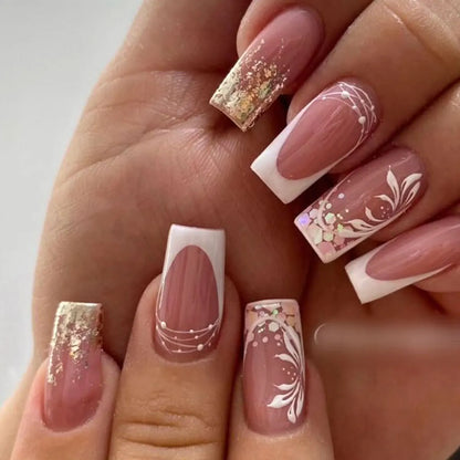 24Pcs Short Square Coffin False Nails Square Fake Nails with Glue French Glitter Wearable Acrylic Nails Set Press on Nail Tips NovaCart