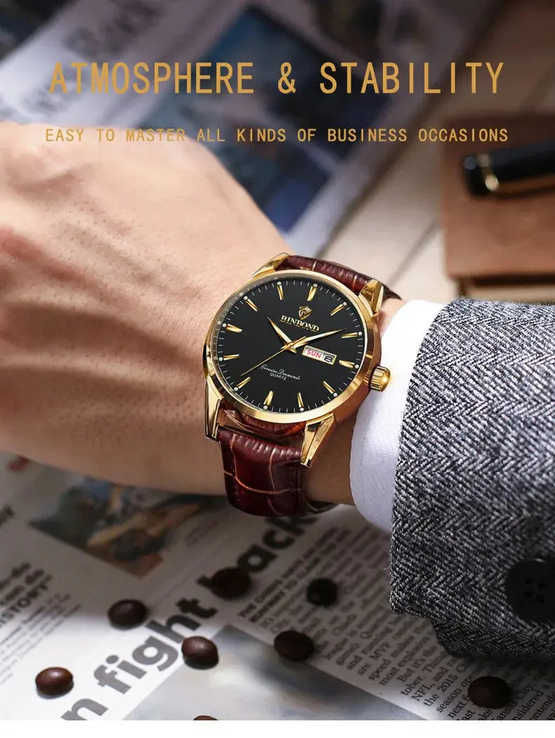 BINBOND Top Luxury Brand Fashion Watch For Men Waterproof Clock Man Date Quartz Wrist Watches Leather Strap Business Man Watch NovaCart