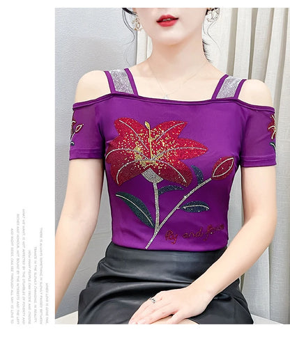 Women's Clothes New Design Sexy Off Shoulder Shiny Diamonds T-Shirts Luxury Brand Mesh Tees Tops Blouse Shirt NovaCart
