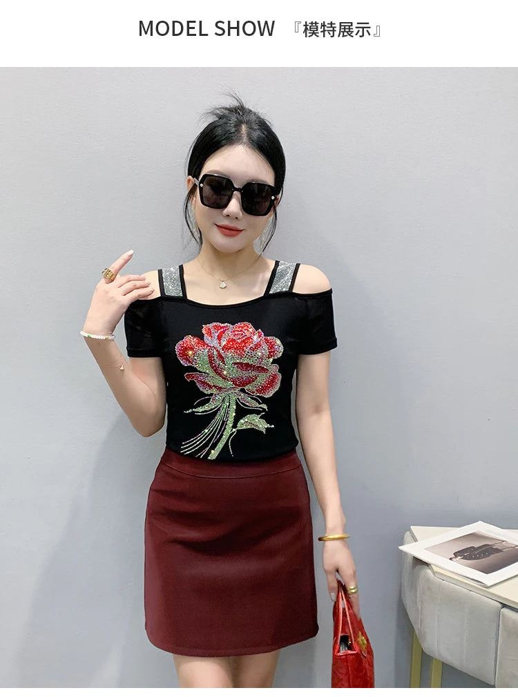 M-3XL Summer European Women's Clothes High Quality T-Shirt Luxury Hot Diamonds Design Slim Tees Sexy Girls Streetwear Tops NovaCart