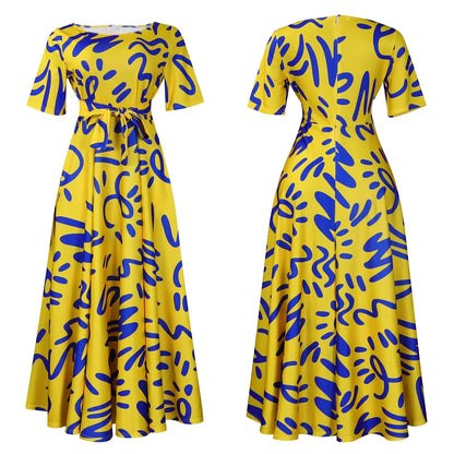 Printed Belted Dress Elegant  Knee-Length Round Neck Short Sleeve Dress