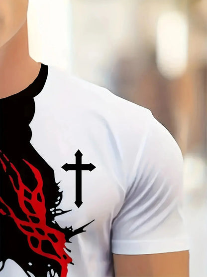 1pc Men'S Casual Polyester T-Shirt with 3D Jesus Graphic Print,Crew Neck,Short Sleeve,Slight Stretch Knit Fabri NovaCart