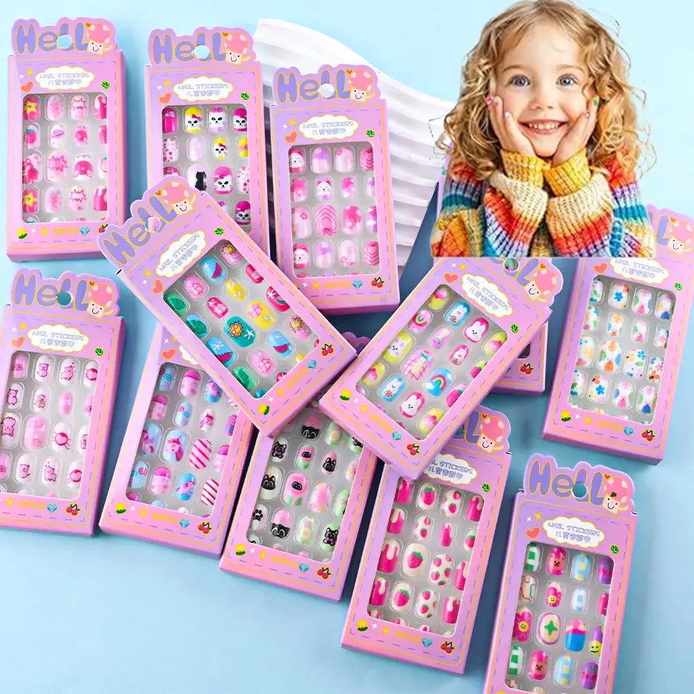 24Pcs/box Kids nails for Girl Cartoon Pattern False Nail Cute Child Fake Nails Tips Kawaii Acrylic Artificial Press on Nail+Tool NovaCart