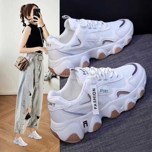 CINESSD 2023 Trendy Mesh Platform Sneakers Leather Shoes Breathable Casual Sports Shoes Women Flats NovaCart