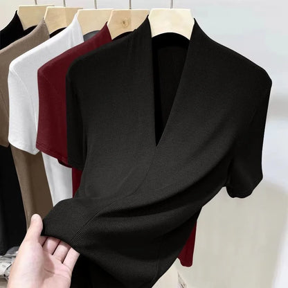 Threaded New Short Sleeved Top for Women Summer Fashion Versatile Base Shirt Plus Size Slim Fit V-neck T-shirt Casual and Sexy NovaCart