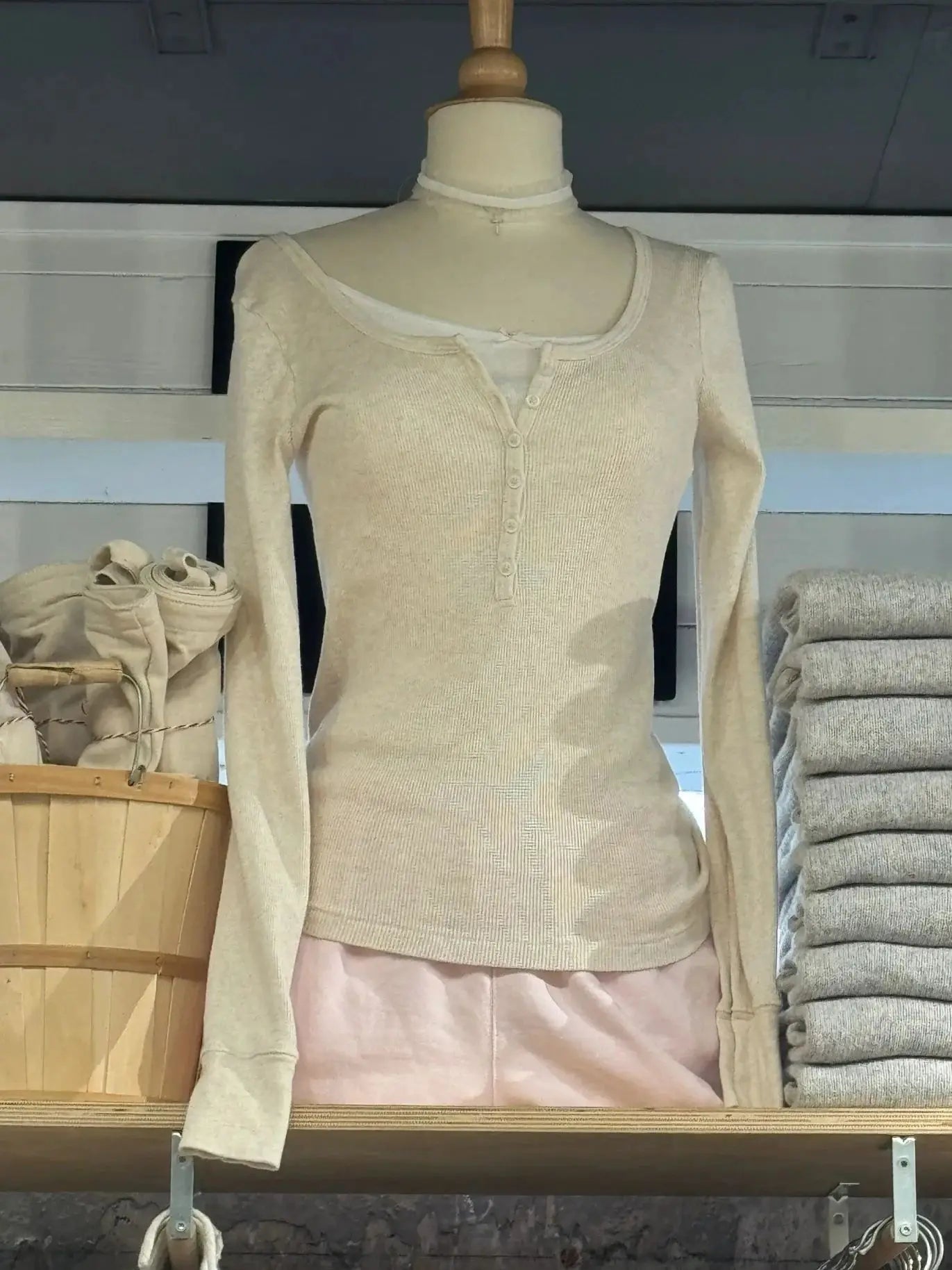 Six Buttons Ribbed Long Sleeve T-shirts Women Spring Round Neck Cotton Slim Tee Top Female Sweet Cute Pink Tshirt Y2k Tops New NovaCart