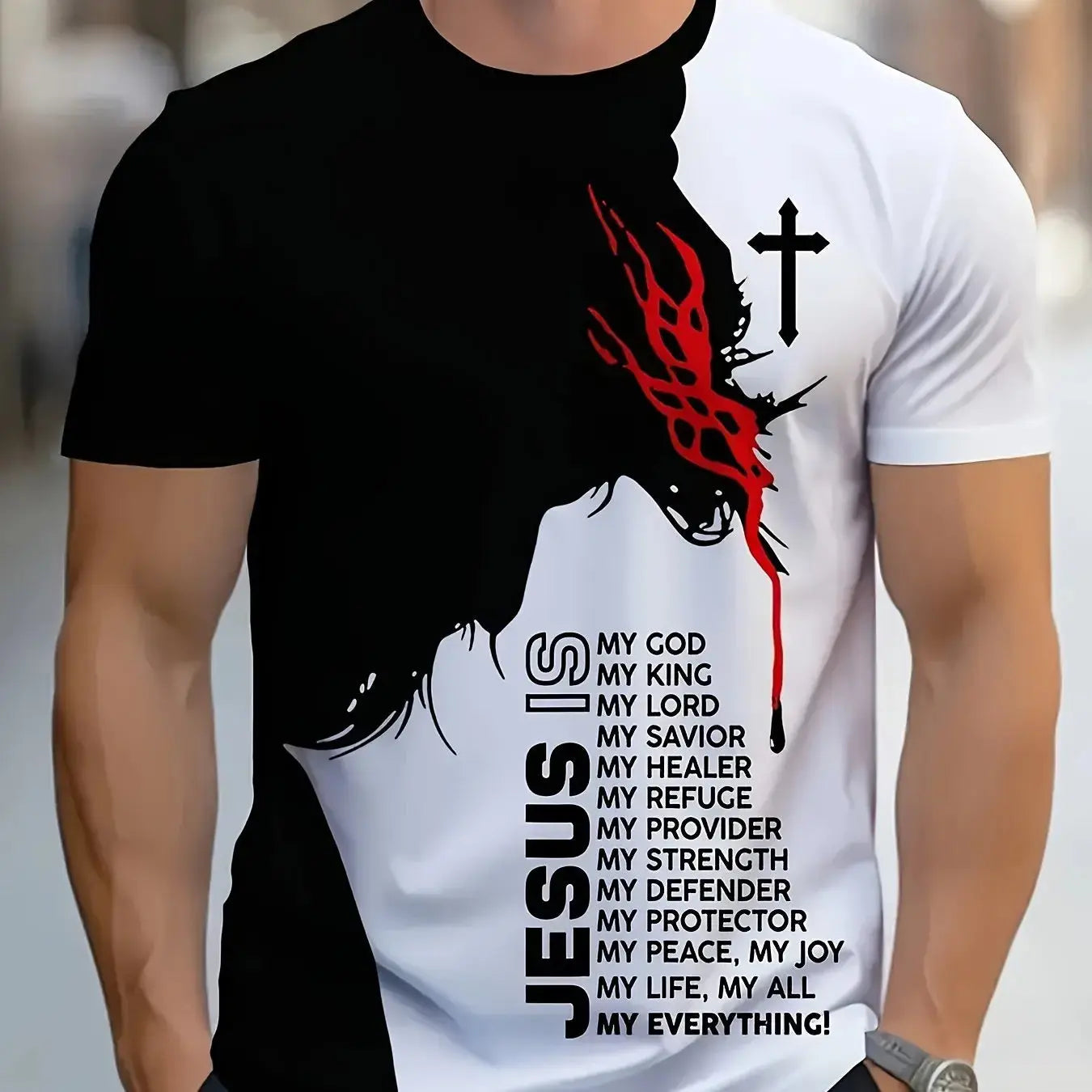 1pc Men'S Casual Polyester T-Shirt with 3D Jesus Graphic Print,Crew Neck,Short Sleeve,Slight Stretch Knit Fabri NovaCart