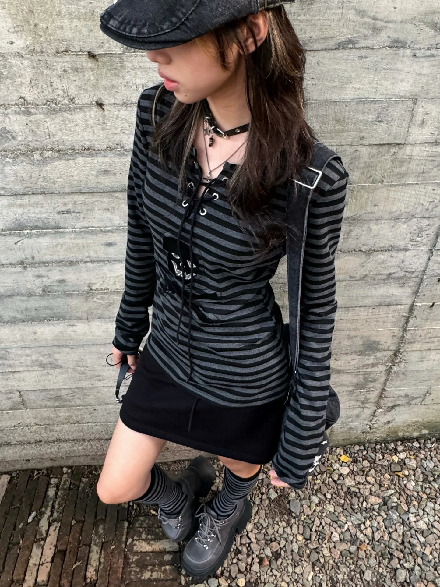 Tonngirls Gothic Retro T-shirt Women Lace Up Striped Casual Shirt Y2k Vintage Print Graphic Tops Streetwear american Grunge Tops NovaCart