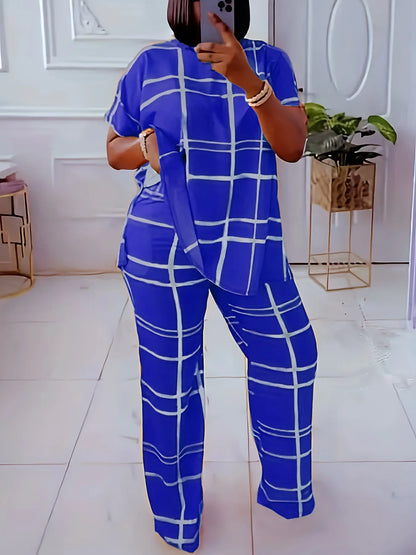 Elements Striped Grid Printed Casual Round Neck  Two Piece Set
