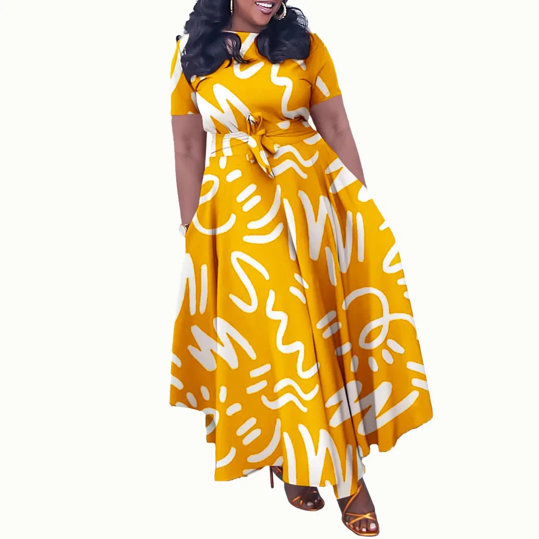 Printed Belted Dress Elegant  Knee-Length Round Neck Short Sleeve Dress