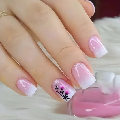 24Pcs Short Square Coffin False Nails Square Fake Nails with Glue French Glitter Wearable Acrylic Nails Set Press on Nail Tips NovaCart
