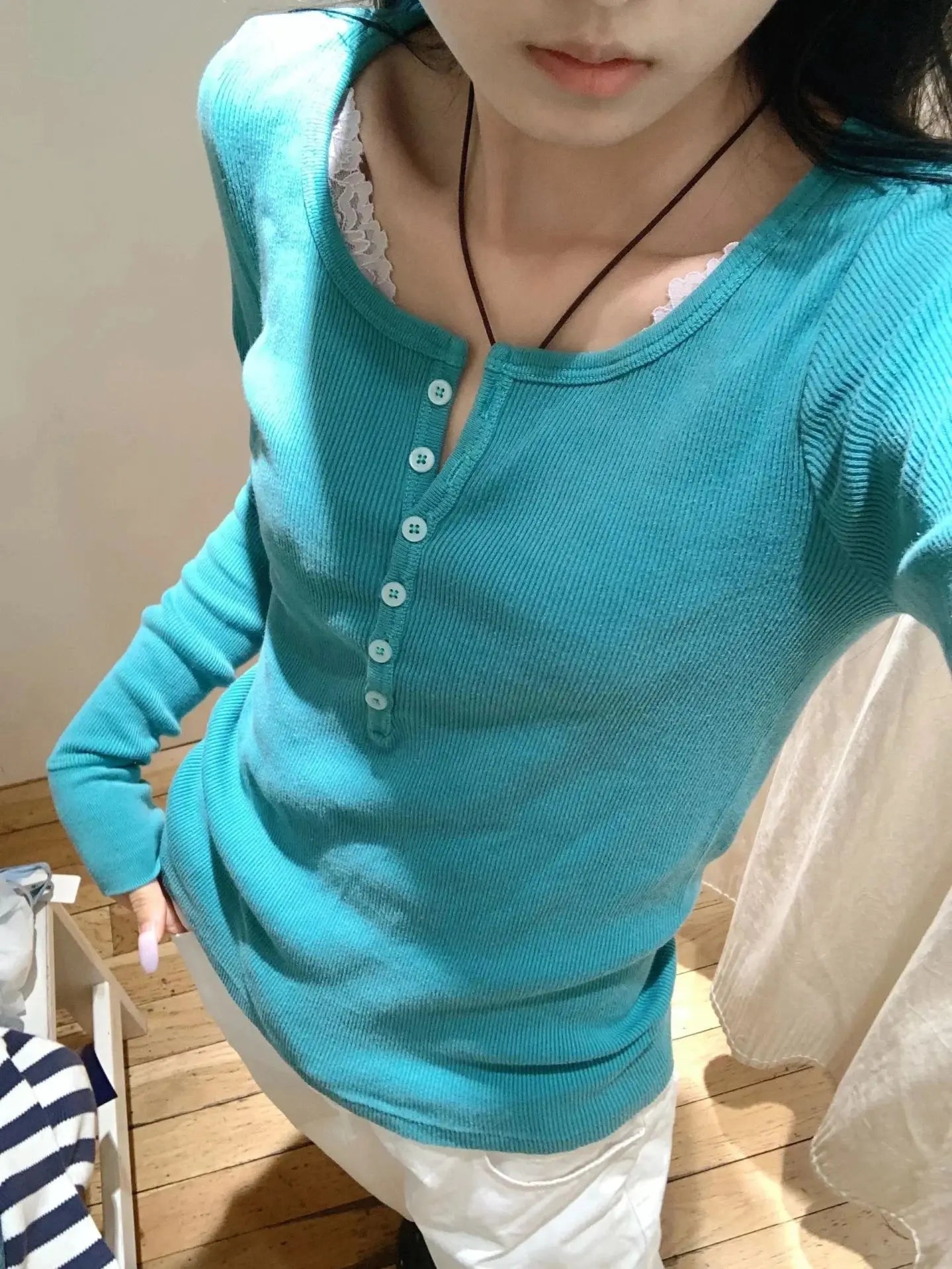 Six Buttons Ribbed Long Sleeve T-shirts Women Spring Round Neck Cotton Slim Tee Top Female Sweet Cute Pink Tshirt Y2k Tops New NovaCart