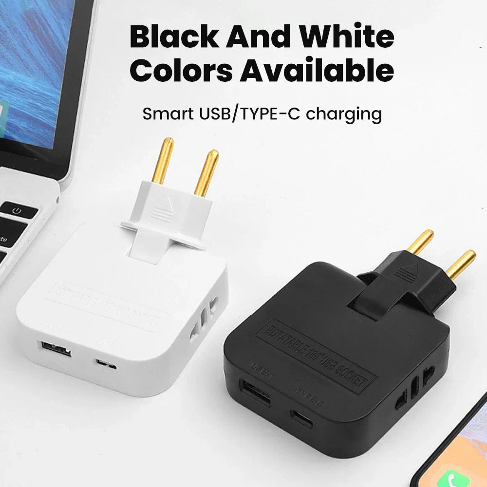 180° Rotatable Travel EU Extension Socket 3-in-1 Universal Power Converter European Standard Wireless Outlet Adapter 250V 2500W Pi-Mart