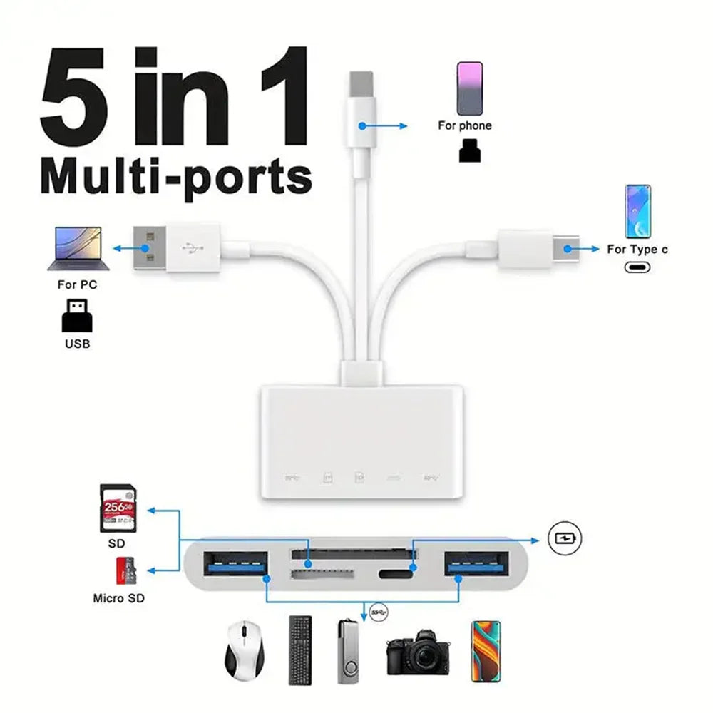 Three-wire 5-in-1 card reader, multi-function OTG converter, high-speed transmission, compatible with Iphone/Android/ipad Pi-Mart