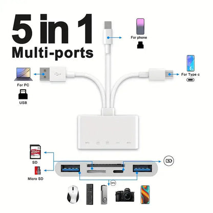 Three-wire 5-in-1 card reader, multi-function OTG converter, high-speed transmission, compatible with Iphone/Android/ipad Pi-Mart