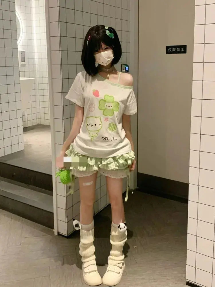 Ezgaga Harajuku T Shirts Women Cartoon Sweet Diagonal Collar Short Sleeve Off Shoulder Funny Tops Female Y2k Ladies Tshirts NovaCart