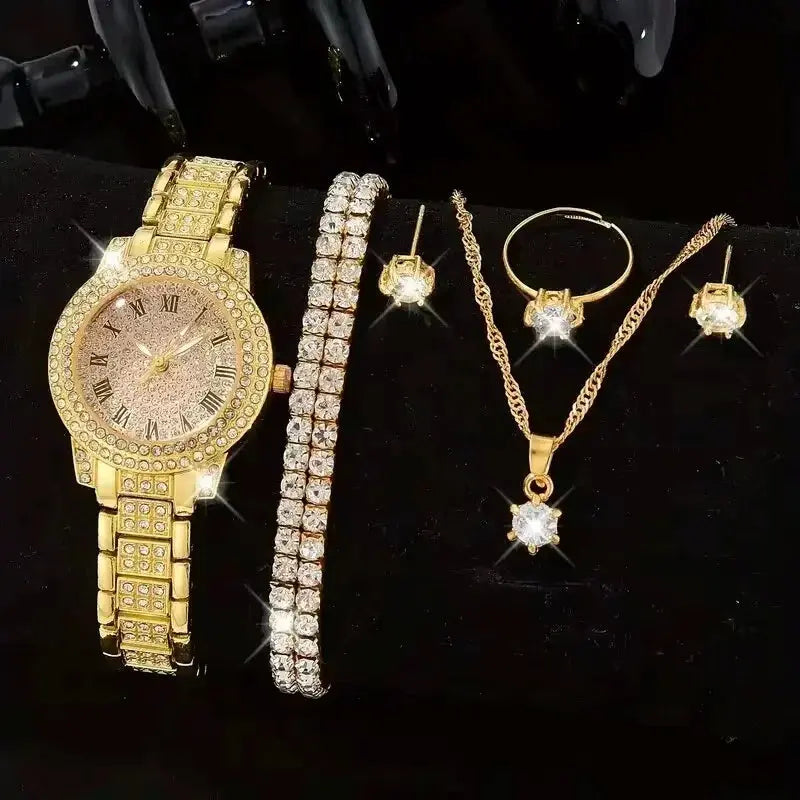 6PCS Women Watch Luxury Elegant Alloy Watch Crystal Wristwatch For Ladies Gift Quartz Watch Alloy Rhinestone Bracelet Montre NovaCart