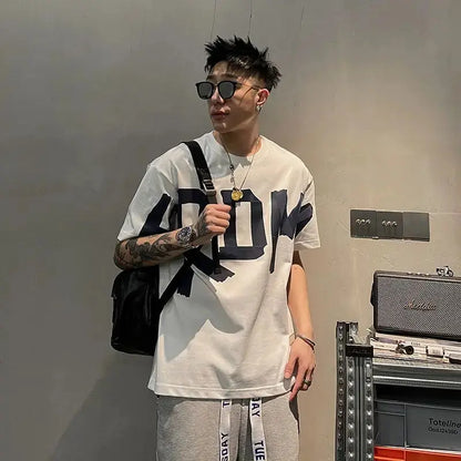 2023 Summer Casual All-match Trend Korean Fashion Short Sleeve Round Neck Solid Color Letter Printed Loose Fashion Youth T-shirt NovaCart