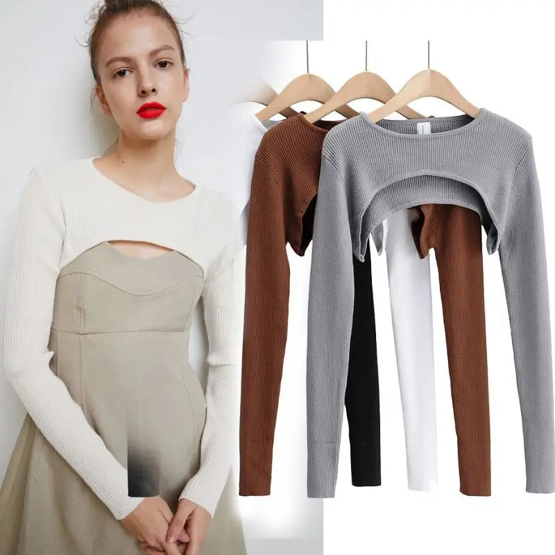 T-shirts Women Long Sleeve Crop Top Spring Autumn Y2k Aesthetic Clothes O-neck Black White Sexy Harajuku Knitted Tshirt 2023 NovaCart
