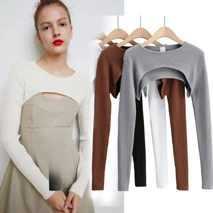 T-shirts Women Long Sleeve Crop Top Spring Autumn Y2k Aesthetic Clothes O-neck Black White Sexy Harajuku Knitted Tshirt 2023 NovaCart
