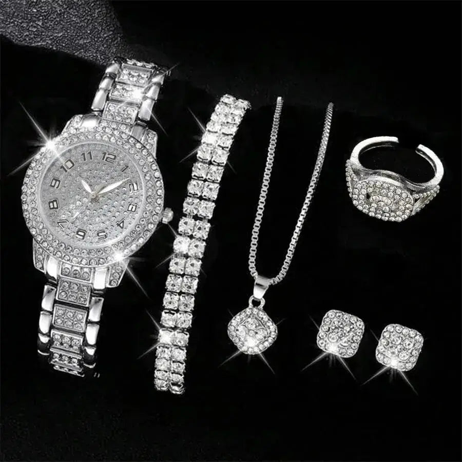 6PCS Women Watch Luxury Elegant Alloy Watch Crystal Wristwatch For Ladies Gift Quartz Watch Alloy Rhinestone Bracelet Montre NovaCart