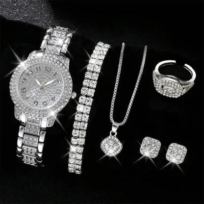 6PCS Women Watch Luxury Elegant Alloy Watch Crystal Wristwatch For Ladies Gift Quartz Watch Alloy Rhinestone Bracelet Montre NovaCart