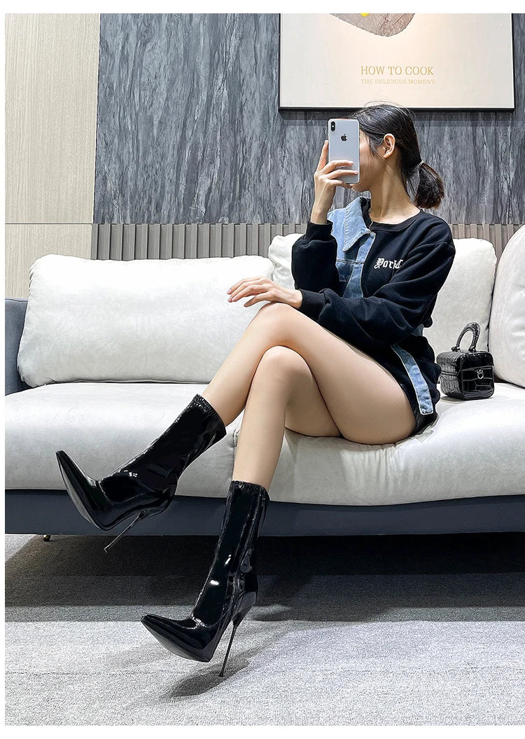 Knee-High Pointy Toe Women Boots 13cm Ultra Thin Steel High Heels Metal Heel Patent Leather Wide Calf Boots for Women Plus Size NovaCart