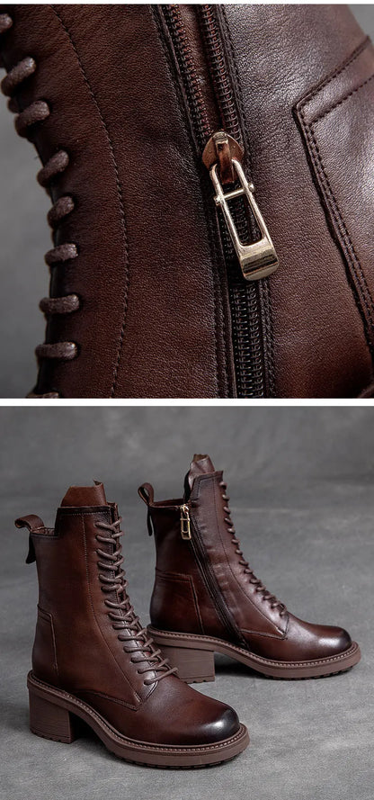 Birkuir Winter Plush Warm Boots Genuine Leather Women Snow Boots 6cm Thick Heel Shoes Handmade Side Zip Leisure Platform Boots NovaCart