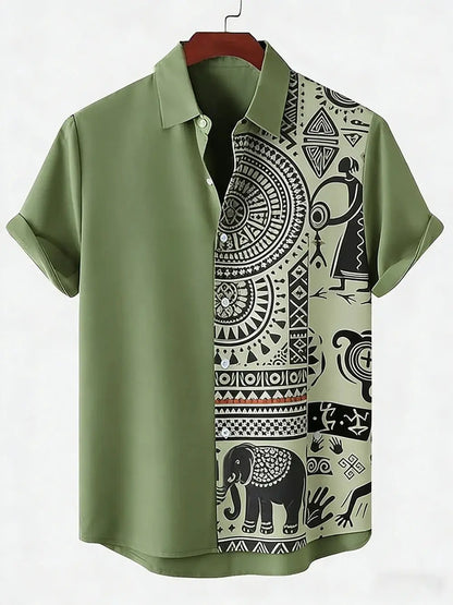 Men's New Linen Ethnic Tribal Style 3D Printed Shirt Hawaiian Tropical Breathable Comfortable Short-sleeved Lapel Clothes Men'S NovaCart