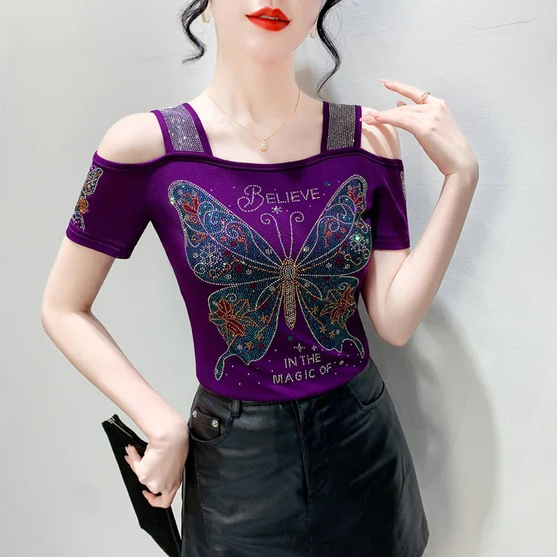 Women's Clothes New Design Sexy Off Shoulder Shiny Diamonds T-Shirts Luxury Brand Mesh Tees Tops Blouse Shirt NovaCart
