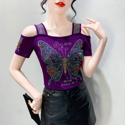 Women's Clothes New Design Sexy Off Shoulder Shiny Diamonds T-Shirts Luxury Brand Mesh Tees Tops Blouse Shirt NovaCart