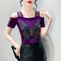 Women's Clothes New Design Sexy Off Shoulder Shiny Diamonds T-Shirts Luxury Brand Mesh Tees Tops Blouse Shirt NovaCart