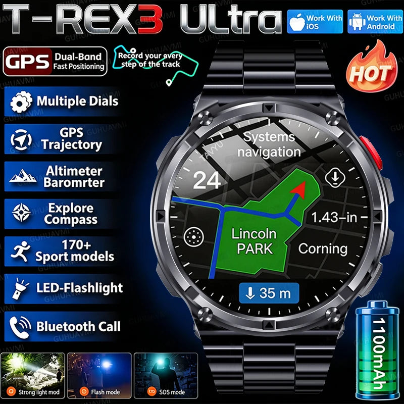 2026 New T-Rex3 Pro 1100mAh Battery Smart Watch GPS path 5ATM Waterproof Sports Run tracker Outdoors Compass Military Smartwatch NovaCart