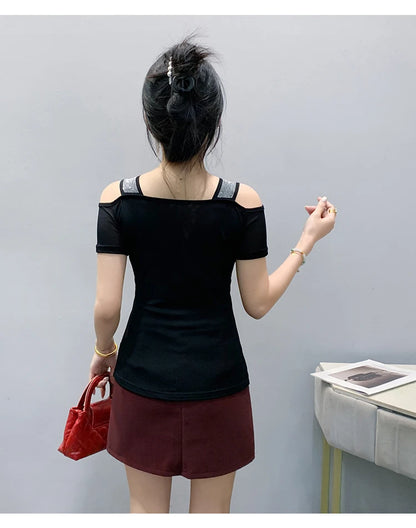 M-3XL Summer European Women's Clothes High Quality T-Shirt Luxury Hot Diamonds Design Slim Tees Sexy Girls Streetwear Tops NovaCart