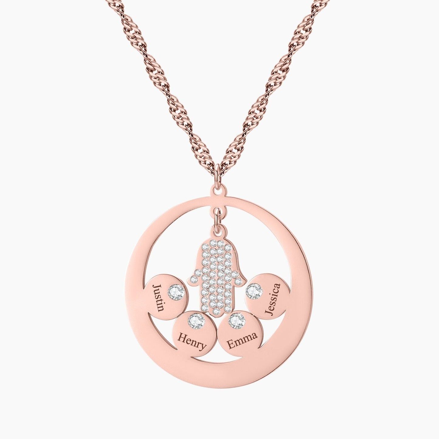 Round Family Name Necklace Hamsa Hand Stainless Steel Necklace Zircon Evil Eye Fatma's Hand
