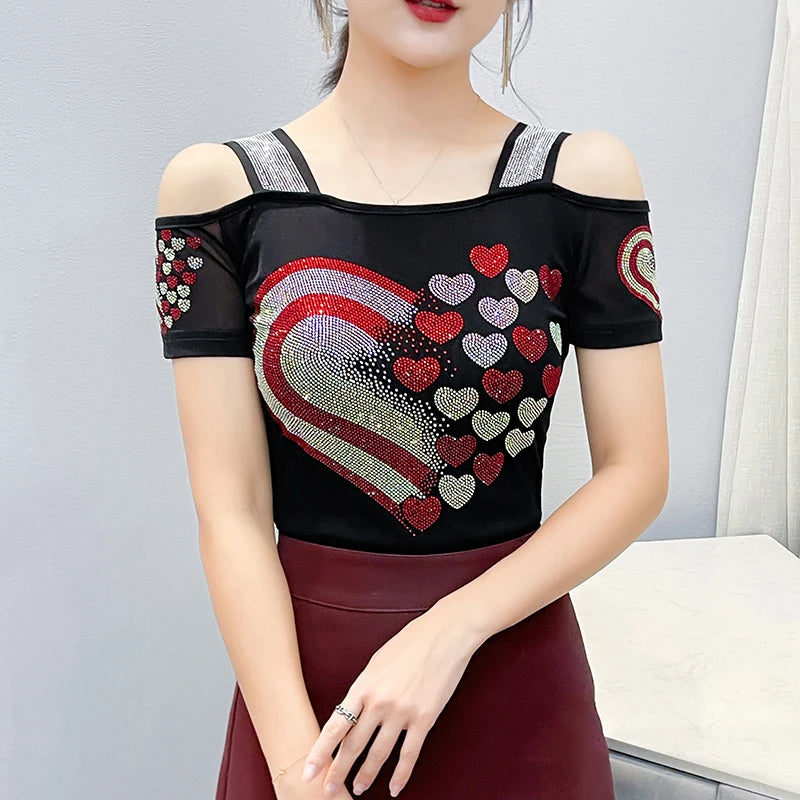 Women's Clothes New Design Sexy Off Shoulder Shiny Diamonds T-Shirts Luxury Brand Mesh Tees Tops Blouse Shirt NovaCart