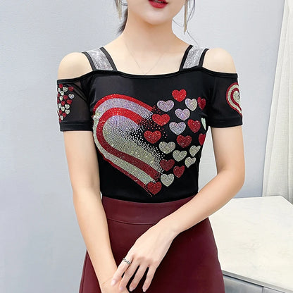 Women's Clothes New Design Sexy Off Shoulder Shiny Diamonds T-Shirts Luxury Brand Mesh Tees Tops Blouse Shirt NovaCart