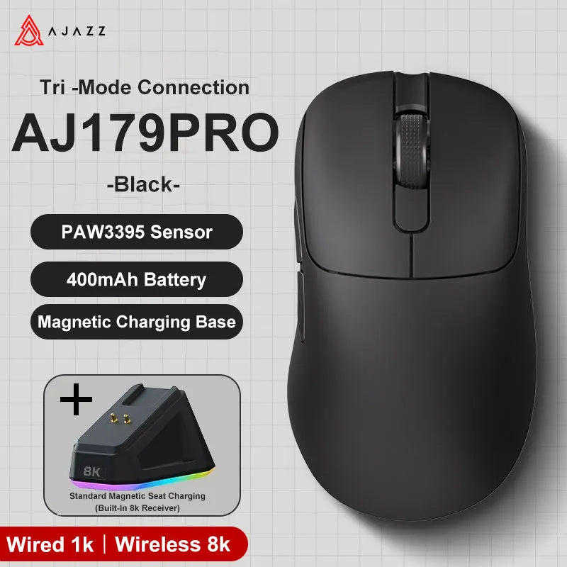 AJAZZ AJ179 PRO PAW3395 Lightweight Wired Wireless Mouse with Magnetic Charging Base Ergonomic Macro Gaming Mouse for PC Laptop Pi-Mart