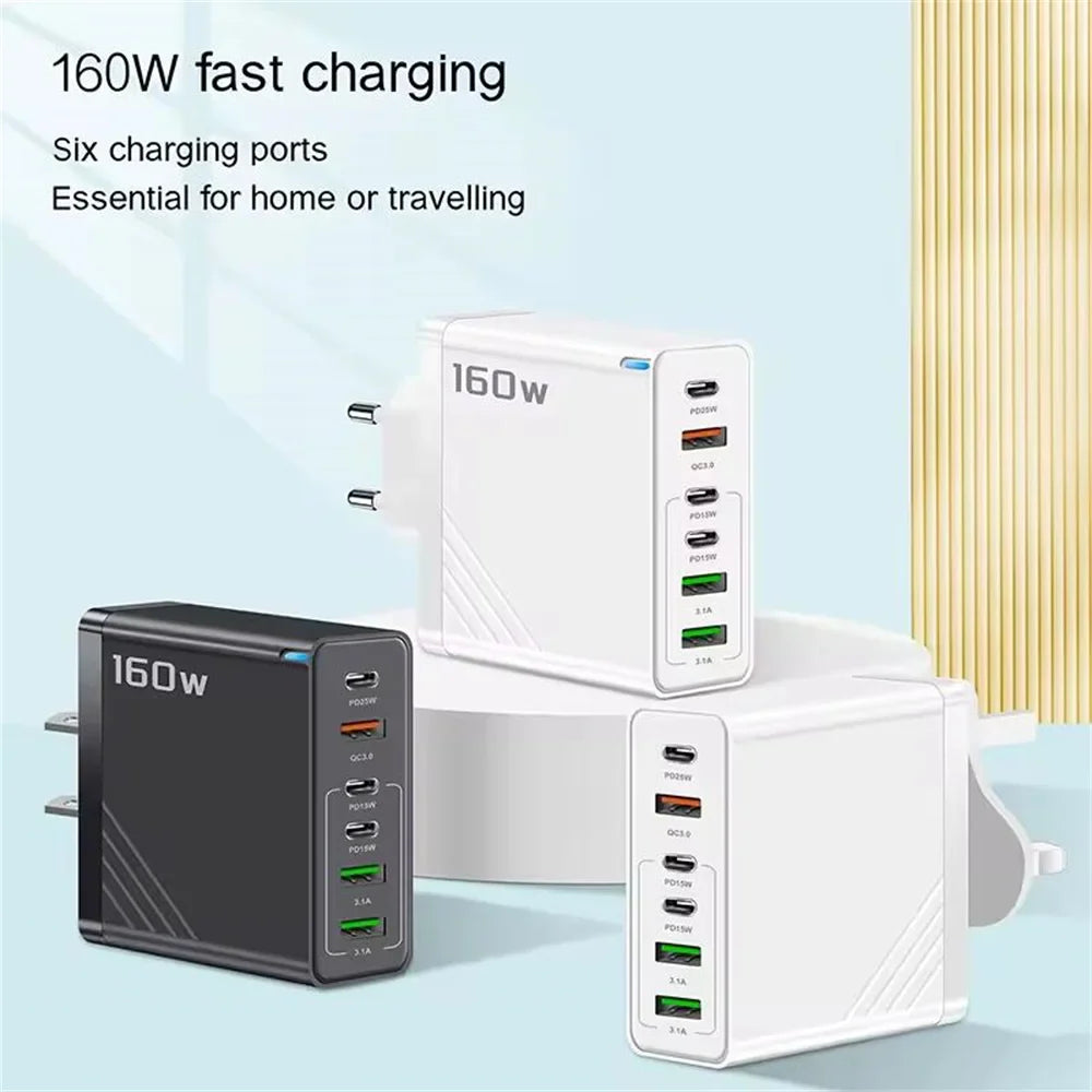 160W USB C Charger Fast Charging PD QC3.0 Wall Charger Adapter For iPhone 16 Samsung S24 Xiaomi Huawei Multi Ports Phone Charger Pi-Mart
