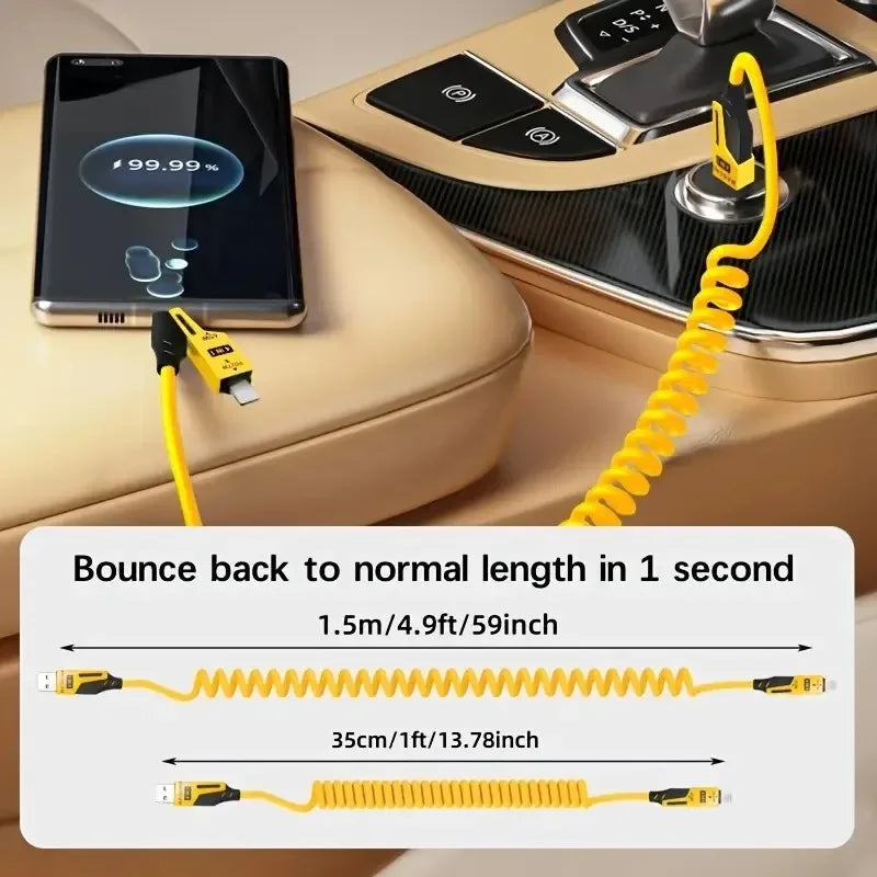 4 in 1 65W Spring Short Data Cable 6A USB Type C Spring Telescopic Quick Charger Wire Spring USB Cable for iPhone 15 14 13 12 Pi-Mart
