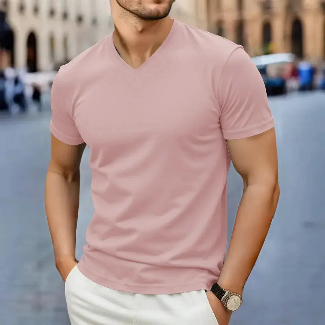 2025 New Men's Casual Fashion Simple V-neck Short Sleeved T-shirt Summer Comfortable Breathable Versatile Top NovaCart