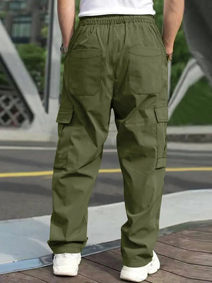 Men s Loose Cargo Long Pants Solid Color Drawstring Waist Straight Leg Trousers Casual Work Pants with Pockets NovaCart