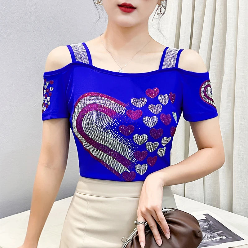Women's Clothes New Design Sexy Off Shoulder Shiny Diamonds T-Shirts Luxury Brand Mesh Tees Tops Blouse Shirt NovaCart